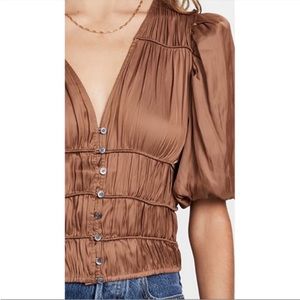 Frame ruched v neck blouse with puffed sleeves